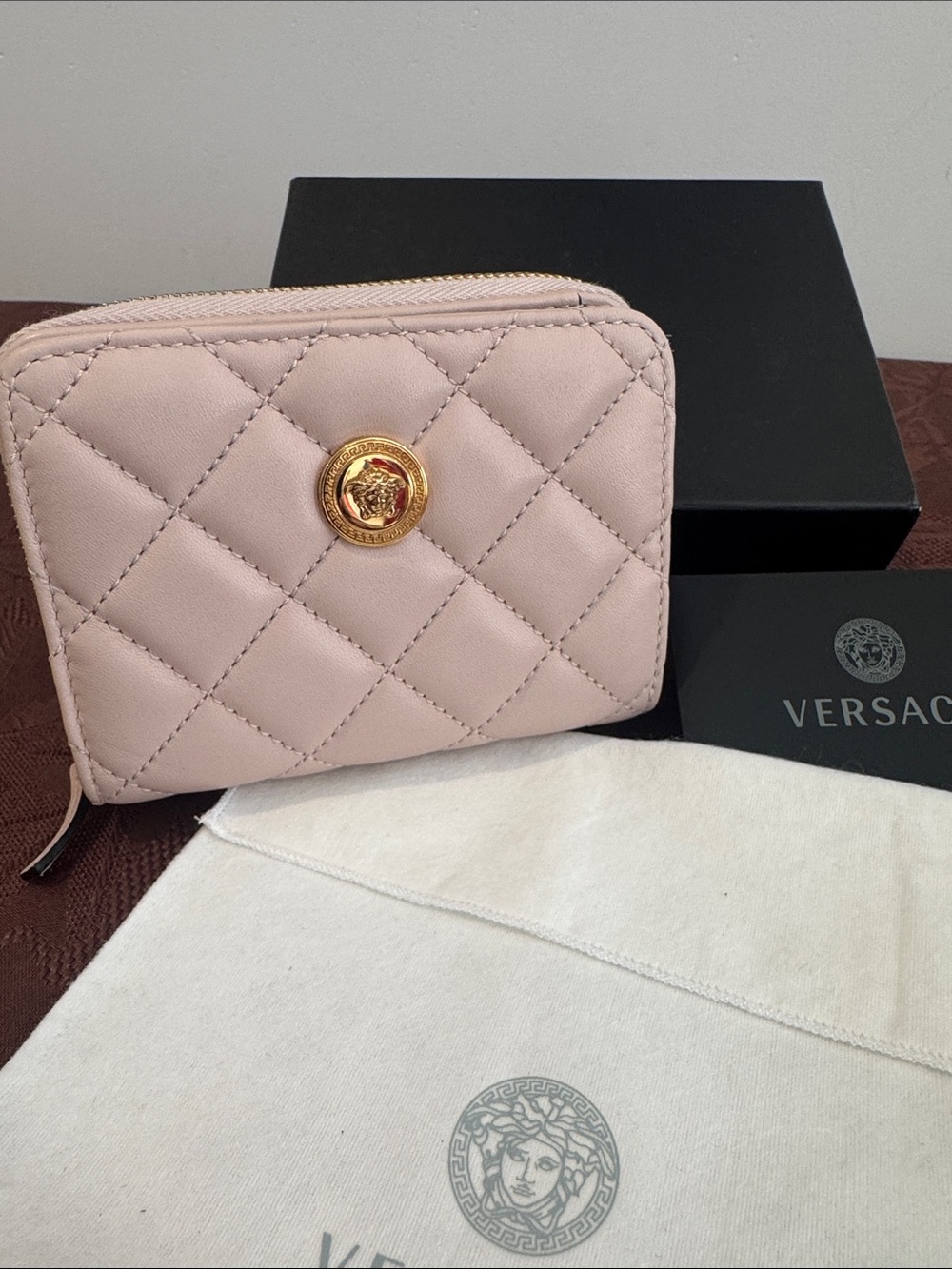 Versace Quilted Small Wallet in Pale Pink with Gold Medusa.